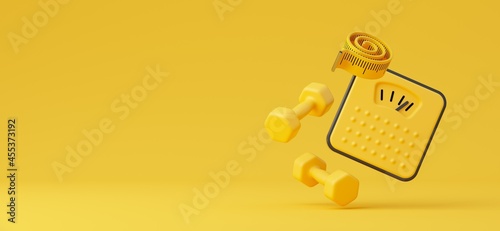 Dumbbells, scales and measuring tape for the body on yellow background. 3d rendered illustration. photo