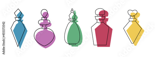 Illustration of bottles for perfumes, perfumes and liquids in a linear style. Geometric bottles. Vector illustration.
