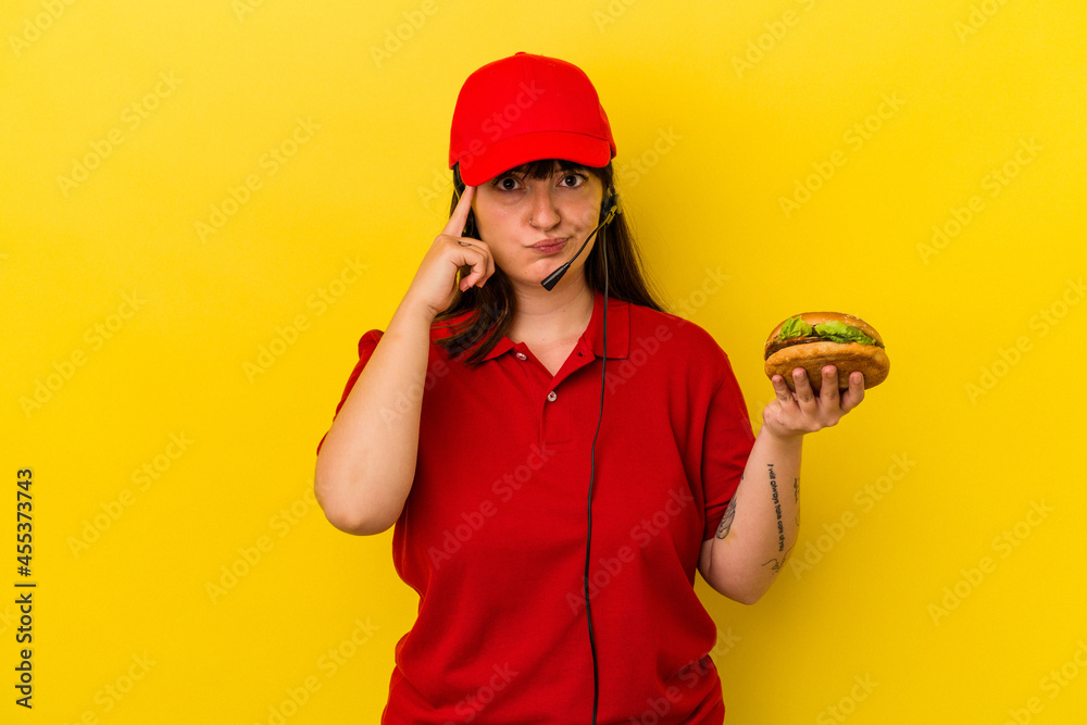 Young curvy caucasian woman holding burger isolated on yellow background pointing temple with finger, thinking, focused on a task. Young curvy caucasian woman holding burger isolated on yellow background pointing temple with finger, thinking, focused on a task.