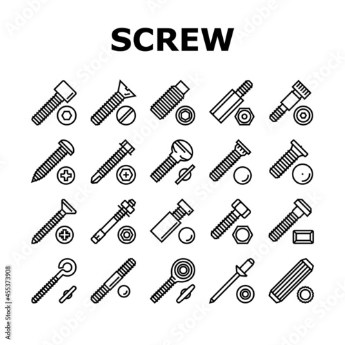 Screw And Bolt Building Accessory Icons Set Vector. Socket Head And Shoulder Screw, Press-fit And Hex Standoffs, Eyebolt With Peg And Rivet Engineer Equipment Black Contour Illustrations
