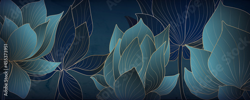 Luxurious gold and blue lotus wallpaper for web banners, social media and packaging.