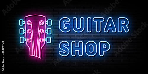 Guitar Shop Logo Neon Signs Vector. 