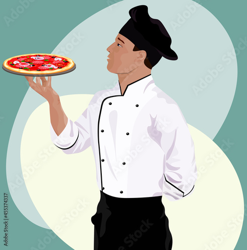 a cook in a black hat and a pizza in his hand