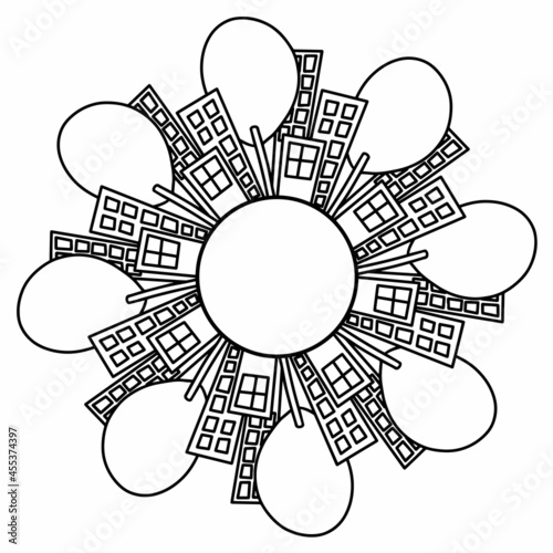 Vector round frame with city, buildings and trees isolated on white background. Cute Illustration for seasonal design, textile, decoration kids playroom or greeting card. Hand drawn prints and doodle.