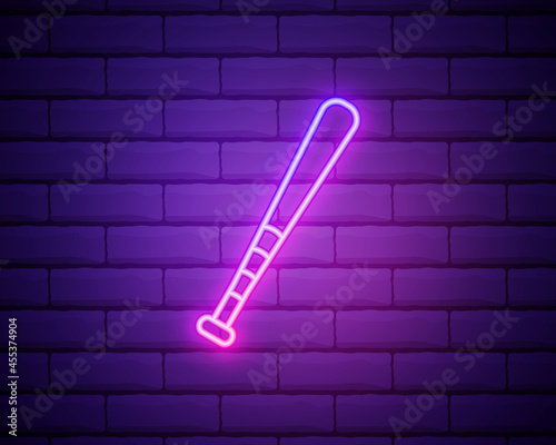 Glowing neon line Baseball bat icon isolated on brick wall background. Vector Illustration