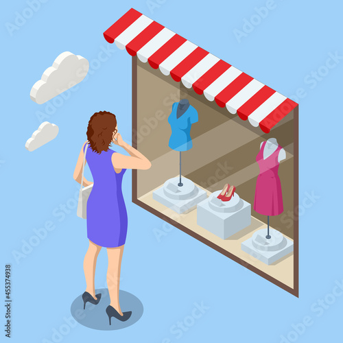 Isometric woman looks at the clothes shop window. Consumer shopping in apparel boutique. Retail and fashion outlet. Consumerism and boutique mall