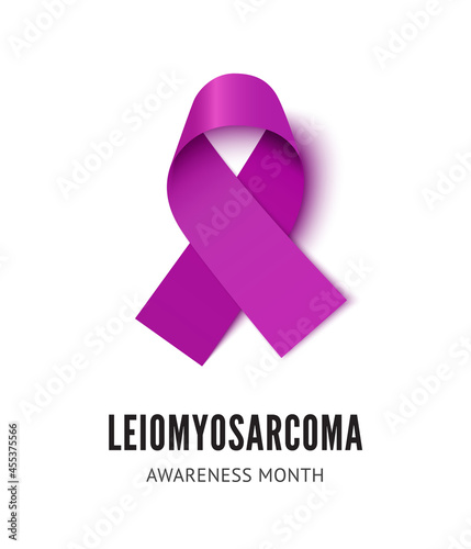 Leiomyosarcoma cancer awareness ribbon vector illustration isolated on white background. Realistic vector purple silk ribbon with loop photo