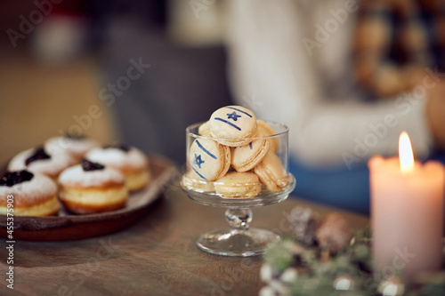 Cookies with star of David decoration during Hanukkah at home.