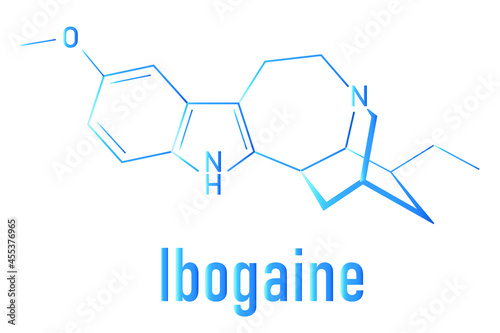 Ibogaine alkaloid molecule, found in Tabernanthe iboga. Skeletal formula.