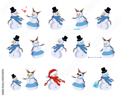 Set of Christmas snowman with joyful emotions, smile, happy eyes, face and arms. New Year festive decoration with kind expression