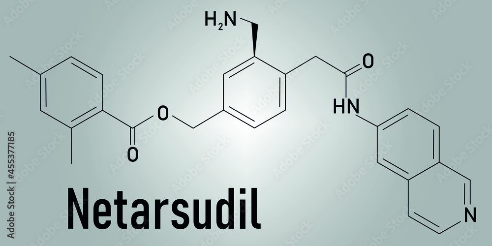 Netarsudil drug molecule. Used in treatment of ocular hypertension and glaucoma. Skeletal formula. Netarsudil drug molecule. Used in treatment of ocular hypertension and glaucoma. Skeletal formula.