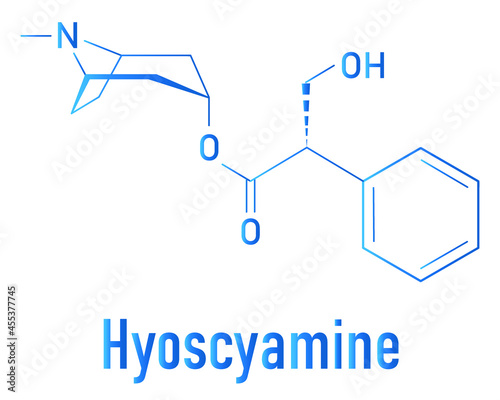 Hyoscyamine alkaloid molecule. Herbal sources include henbane, mandrake, jimsonweed, deadly nightshade and tomato. Skeletal formula.