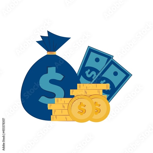 money isolated on white background. Money bag. Gold coins and dollars