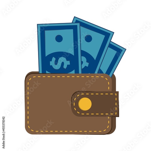Purse with money isolated on a white background. Wallet with cash dollars banknotes. Cash transactions 