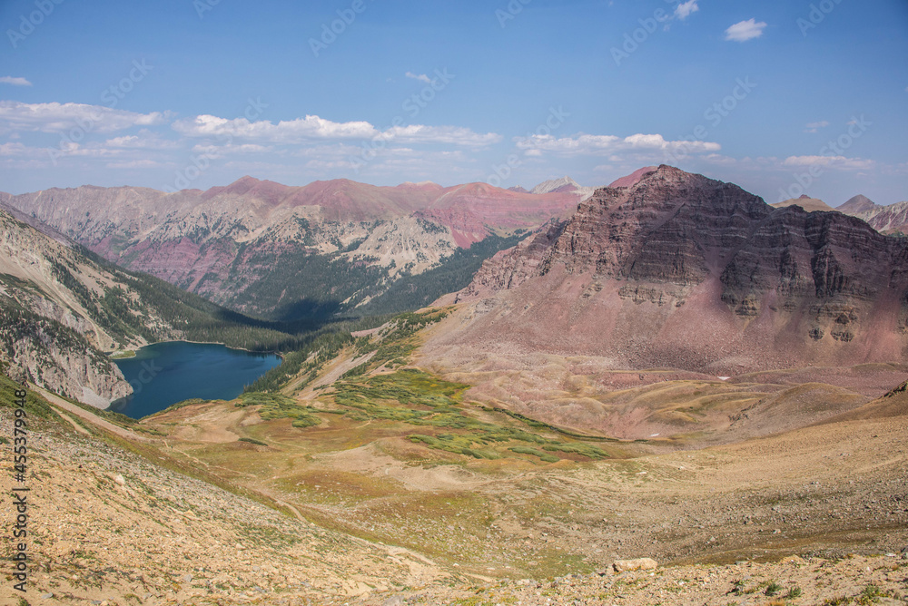 View of Snowmass Lake from Trailrider Pass on the Maroon Bells Loop, Aspen, Colorado, USA View of Snowmass Lake from Trailrider Pass on the Maroon Bells Loop, Aspen, Colorado, USA