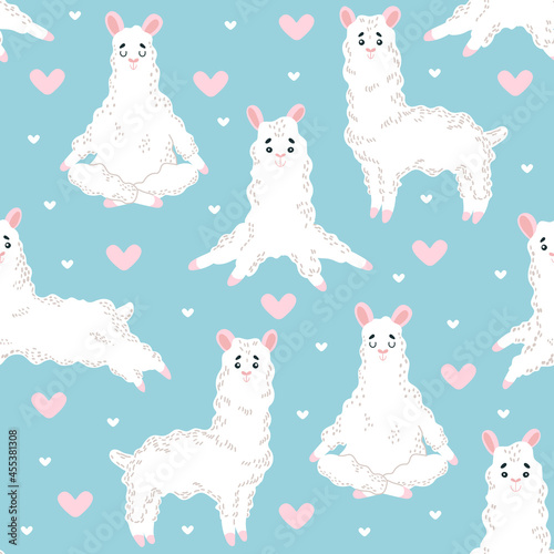 Vector seamless pattern with cute llamas and pink hearts for Valentine's Day