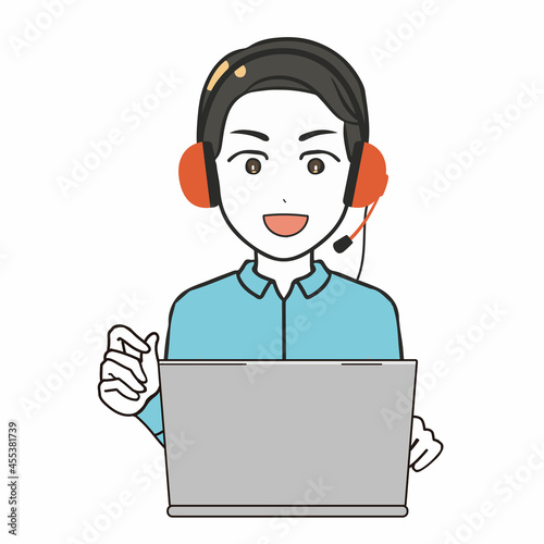 パソコン作業　ヘッドホンとマイクつき　男性