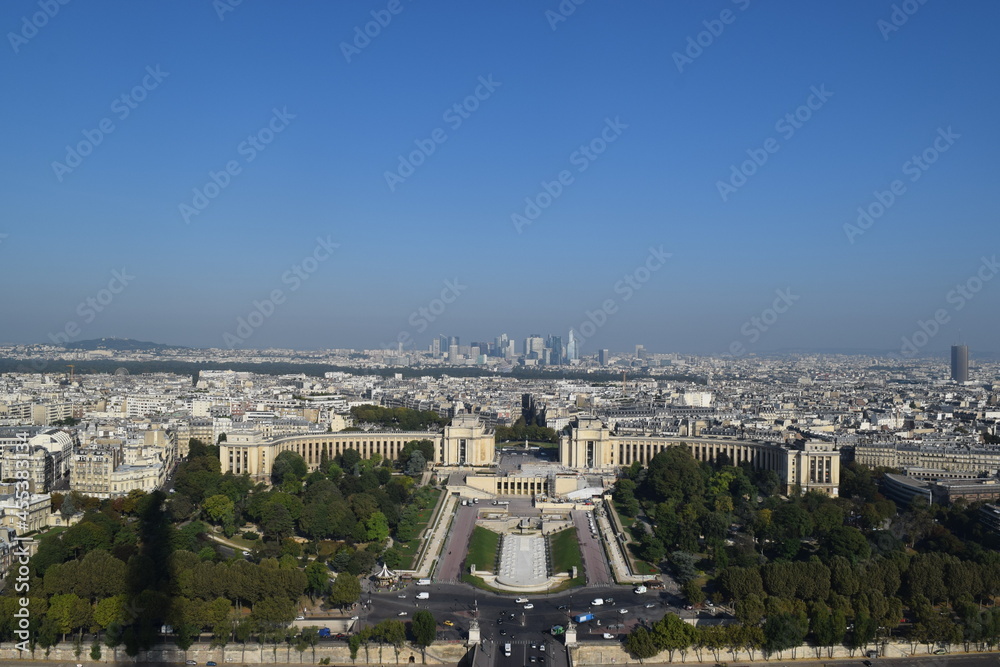 View of Paris from the Eiffel Tower in Paris France. The picture was taken in 2015.