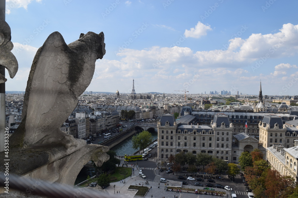 Gargoyle on top of Notre-Dame de Paris. Notre-Dame, is a medieval Catholic cathedral on the Île de la Cité of Paris.