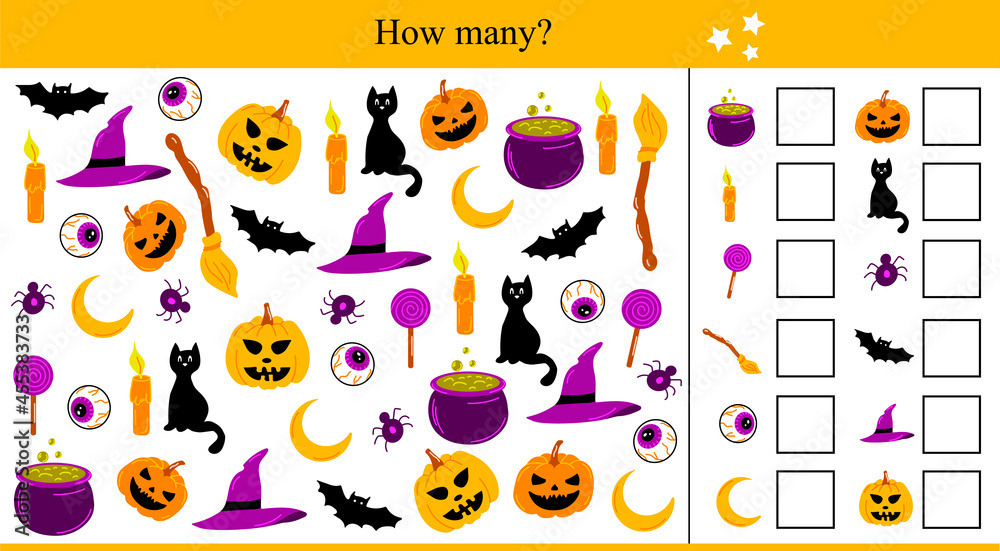 How many Halloween elements? Educational game for children. Autumn vector illustration