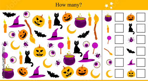 How many Halloween elements? Educational game for children. Autumn vector illustration