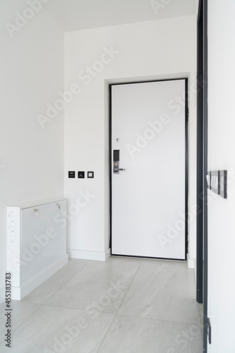 Modern and perfectly designed apartment entrance with elegant white door.