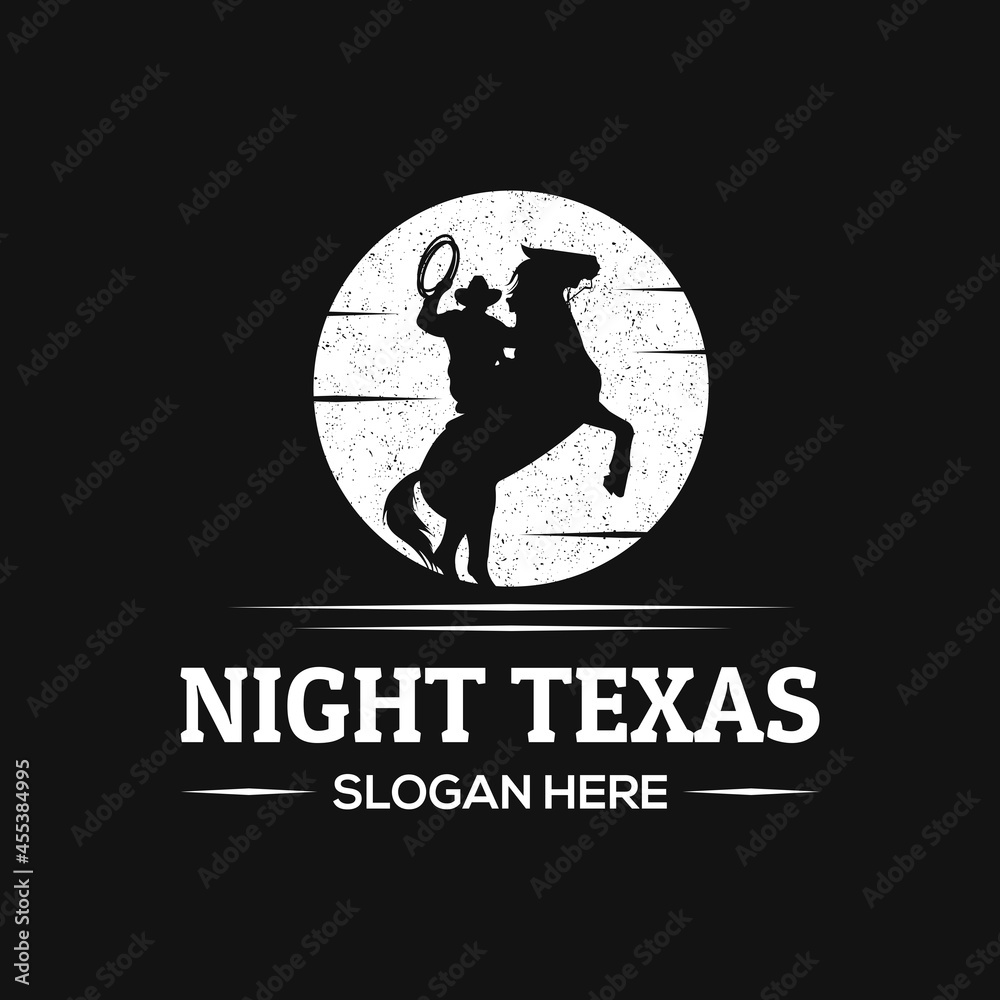 Cowboy Riding Horse Silhouette at Night logo design. Vintage cowboy logo.