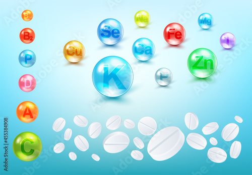 Vitamine, Pills And Mineral Complex Colorful Vector Illustration. Medical Background. Healty Nutrition Concept