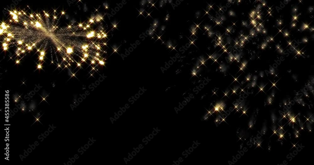 Golden fireworks background, gold glitter sparkling and fire light sparks. Glowing sparkles shine of golden firecrackers, party celebration fireworks flashes on black sky background