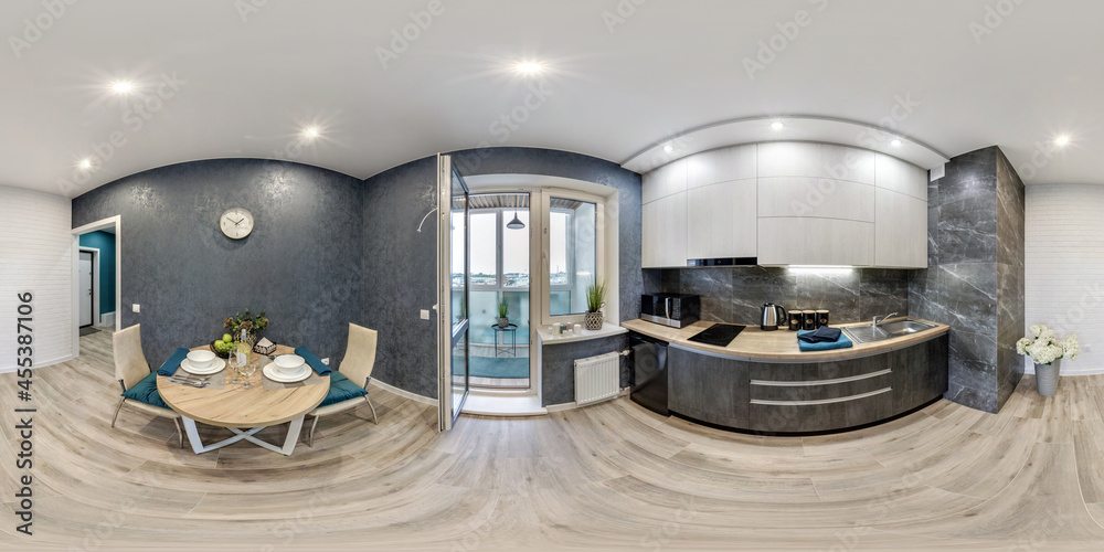 360 seamless hdri panorama view inside small kitchen with served table in equirectangular spherical projection, ready AR VR virtual reality content