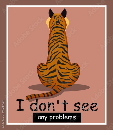 Tiger on a pink background sits with his back. Flat style. Design for posters. Concept. Collection.
Cartoon. Funny picture. Frame. Stock Vector illustration. African animal. Zoo. Predatory. Corral.