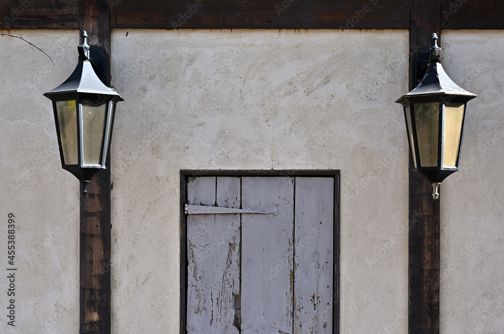 The wall of a store with an old kitchen door. The wall of a store with an old kitchen door.