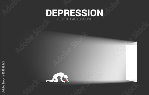 Silhouette of businessman crawling to exit door. Concept for depression business in work.
