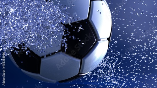 Soccer Ball with Diamond Water Particles under Blue Sky Lighting Background. 3D illustration. 3D high quality rendering. 3D CG.