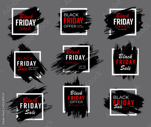 Black Friday weekend sale banners, shop offer and promo labels, vector. Black Friday discount tags and store posters or sale cards for price promotion and shopping clearance deal in black paint brush