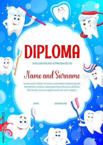 Cartoon funny clean teeth characters, tooth paste and brush kids diploma. Vector certificate with funny teeth, hygiene and health care children award frame, dentistry and oral care design