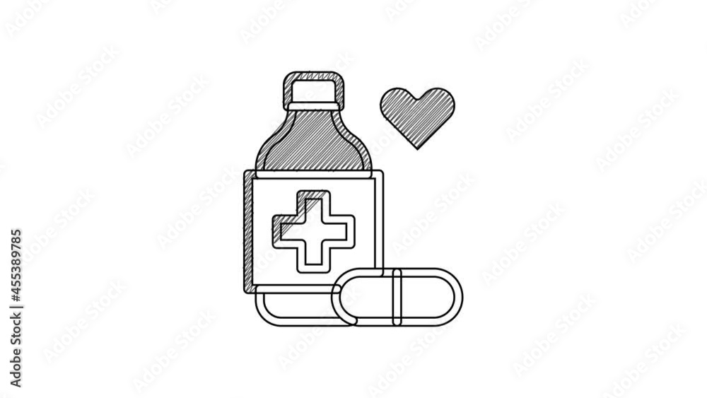 Black line Medicine bottle and pills icon isolated on white background. Bottle pill sign. Pharmacy design. 4K Video motion graphic animation Black line Medicine bottle and pills icon isolated on white background. Bottle pill sign. Pharmacy design. 4K Video motion graphic animation