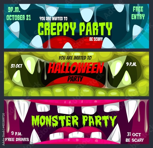 Halloween horror night party vector banners with cartoon screaming monster mouths. Trick or treat zombie, vampire dracula or alien monster invitations with frame border of open jaws, teeth and slime