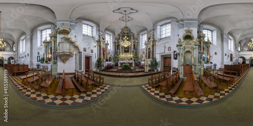 SLONIM, BELARUS - SEPTEMBER 2021: 360 seamless hdri panorama view inside interior baroque catholic church of saint trinity in equirectangular spherical projection, ready AR VR virtual reality content photo