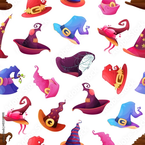 Halloween holiday seamless pattern with witch or sorcerer fairytale hats. Wizard, warlock or witch hat with spider web, patch and golden buckles, ribbon bow and tree branch, star cartoon vector