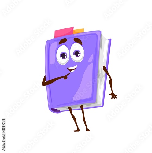 Cartoon book, school textbook or bestseller cute character. School stationery funny mascot with smiling face and bookmarks, student book or diary with hard cover vector happy character