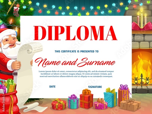 Diploma award or achievement certificate vector template with Christmas fireplace and Santa. Children education appreciation, school graduation diploma or winner honor with Xmas background frame