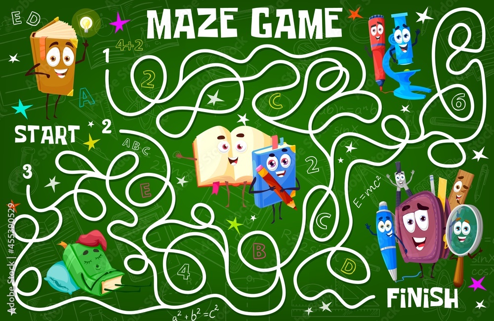 Fototapeta premium Kids labyrinth maze with school books, science formulas and education stationery characters. Child playing activity with finding way task, cartoon vector children maze labyrinth game, riddle or quiz