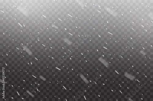Realistic falling snow, winter Christmas snowfall or snowstorm on transparent vector background. Snowfall of white snowflakes and falling snow flakes in storm overlay effect, Xmas or new year cold sky