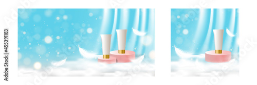 Artificial scene podium stage makeup for cosmetic beauty product background with fluffy cloud, curtain and feather decoration in blue color.