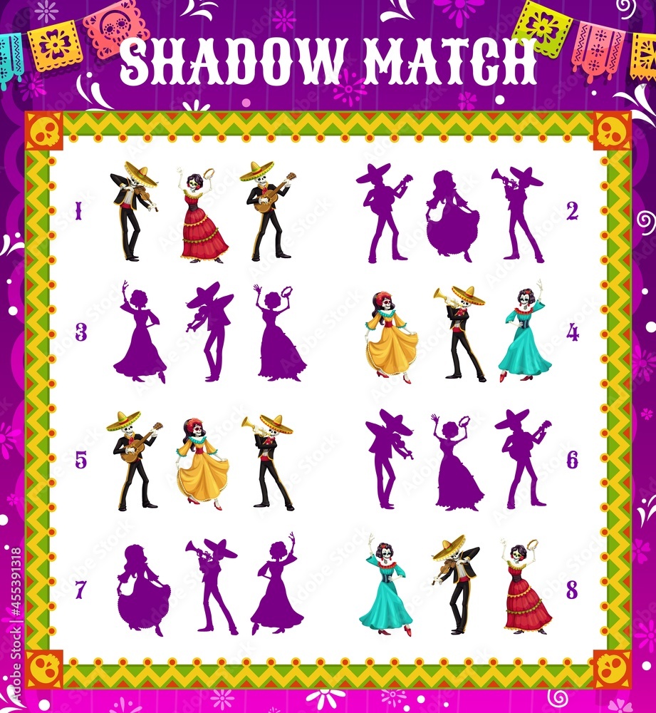 Dia de los Muertos shadow match game, vector kids puzzle with Mexican holiday dancing skeletons. Memory maze or riddle with task of find and connect cartoon calavera Catrina and mariachi skulls