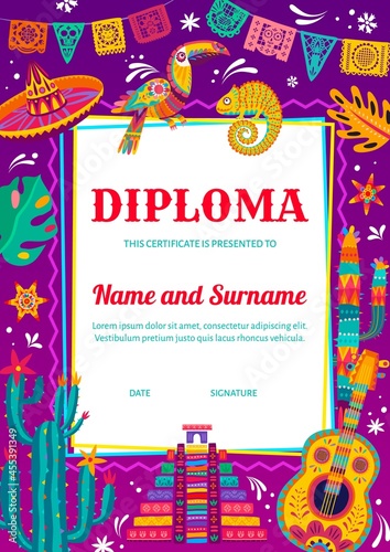 Kids diploma certificate with mexican sombrero  chameleon and toucan  guitar  cactuses. Children education diploma  vector certificate template with mexico culture symbols  animal and plant ornaments