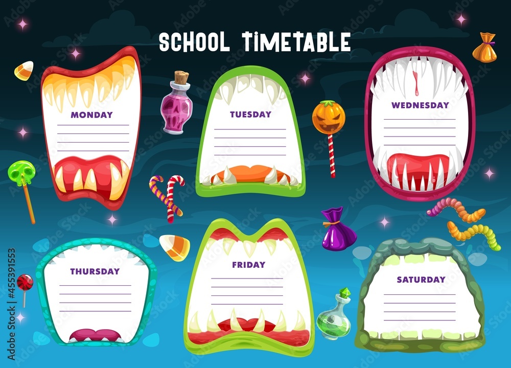 School schedule, timetable or education planner vector template with  Halloween monster mouth frames. Week time table or weekly study plan of  student classes with background of Halloween sweets Stock Vector | Adobe