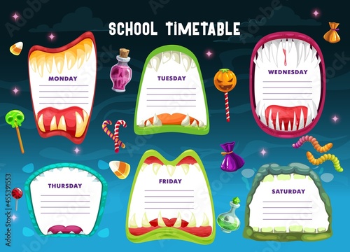 School schedule, timetable or education planner vector template with Halloween monster mouth frames. Week time table or weekly study plan of student classes with background of Halloween sweets