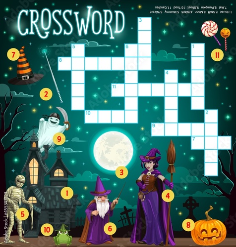Halloween crossword grid puzzle with cartoon witch and wizard, sweets and ghost, magic wand and castle. Word puzzle for kids, educational game or logical riddle with halloween monsters characters